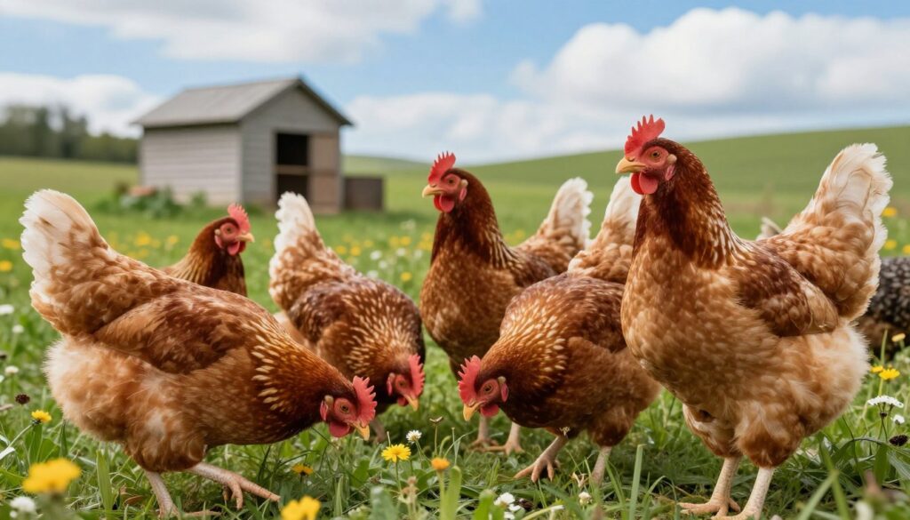 A vibrant scene depicting a variety of chicken breeds known for egg-laying, including Leghorns, Rhode Island Reds, and Sussex chickens. In the foreground, close-up views of the chickens, showcasing their feather patterns and colors, with one hen pecking at the ground. In the middle ground, a lush green pasture with a clean chicken coop visible, surrounded by wildflowers. The background features a blue sky with fluffy white clouds, creating a bright and cheerful atmosphere. Soft, natural lighting enhances the colors of the feathers and environment. The perspective should create an inviting and informative feel, focusing on the beauty and productivity of these valuable breeds. A vibrant scene depicting a variety of chicken breeds known for egg-laying, including Leghorns, Rhode Island Reds, and Sussex chickens. In the foreground, close-up views of the chickens, showcasing their feather patterns and colors, with one hen pecking at the ground. In the middle ground, a lush green pasture with a clean chicken coop visible, surrounded by wildflowers. The background features a blue sky with fluffy white clouds, creating a bright and cheerful atmosphere. Soft, natural lighting enhances the colors of the feathers and environment. The perspective should create an inviting and informative feel, focusing on the beauty and productivity of these valuable breeds.
