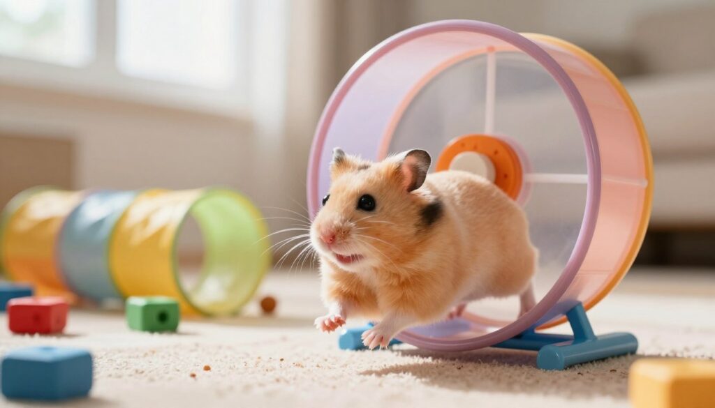 A vibrant scene featuring a Syrian hamster running energetically on a colorful exercise wheel, joyfully engaged in play. In the foreground, the hamster, with soft golden fur and large, bright eyes, is captured mid-motion, showcasing its enthusiasm. The middle ground includes a variety of small toys, such as tunnels and chewable blocks, that encourage natural behaviors. The background is softly blurred to suggest a cozy, well-lit room with gentle sunlight filtering through a window, creating a warm and inviting atmosphere. The image is bright and cheerful, evoking a sense of fun and activity, ideal for illustrating the concepts of movement and stimulation in hamster care.