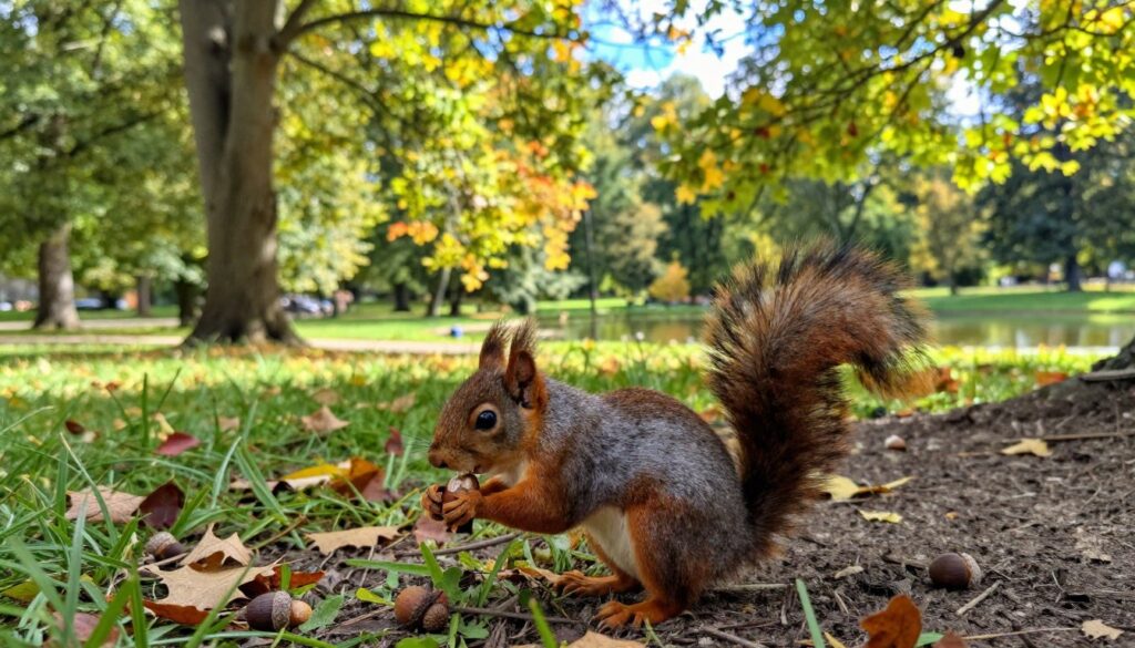 A vibrant scene of a playful squirrel in a lush, green park in Poland, capturing the essence of its natural habitat. The squirrel is in the foreground, nibbling on an acorn, with its bushy tail raised, showcasing its characteristic fluffy texture. Surrounding the squirrel are scattered leaves and acorns, indicating autumn. In the middle ground, a mixture of trees with bright foliage creates a sense of depth, while soft rays of sunlight filter through the branches, casting gentle shadows on the ground. The background features a hint of a tranquil pond, reflecting the sky. The overall atmosphere is lively yet serene, evoking the beauty and challenges of a squirrel's life in nature. The image should have warm lighting with a slightly blurred background to emphasize the squirrel in sharp focus.