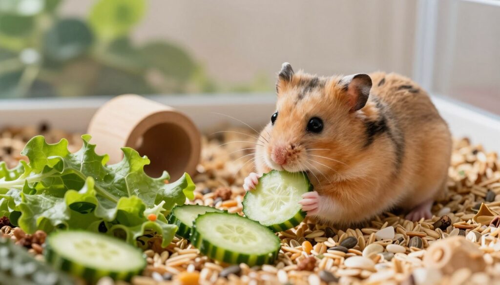 A vibrant scene showcasing a Dzungarian hamster in its cozy habitat, surrounded by a carefully arranged selection of healthy foods. In the foreground, the hamster is nibbling on a slice of fresh cucumber, with seeds, grains, and leafy greens artfully displayed nearby. The middle ground features a soft, natural bedding and a small wooden chew toy, presenting a sense of playfulness. In the background, a well-lit terrarium setting reveals hints of green foliage and a gentle, warm light filtering in, creating an inviting atmosphere. The overall mood is lively and nurturing, emphasizing the importance of a balanced diet for the longevity and health of the Dzungarian hamster. The composition should evoke warmth and care for pet well-being. A vibrant scene showcasing a Dzungarian hamster in its cozy habitat, surrounded by a carefully arranged selection of healthy foods. In the foreground, the hamster is nibbling on a slice of fresh cucumber, with seeds, grains, and leafy greens artfully displayed nearby. The middle ground features a soft, natural bedding and a small wooden chew toy, presenting a sense of playfulness. In the background, a well-lit terrarium setting reveals hints of green foliage and a gentle, warm light filtering in, creating an inviting atmosphere. The overall mood is lively and nurturing, emphasizing the importance of a balanced diet for the longevity and health of the Dzungarian hamster. The composition should evoke warmth and care for pet well-being.