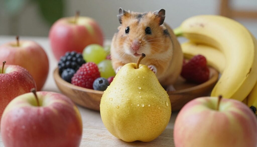 A vibrant still life composition featuring a pear at the forefront, surrounded by a variety of other colorful fruits suitable for hamsters, such as apples, berries, and bananas. The pear should be glossy and ripe, showcasing its smooth texture, with droplets of water on its surface for freshness. In the middle ground, include a small, natural wooden dish overflowing with these fruits, indicating a nutritious feast for a hamster. The background should be softly blurred to suggest a cozy environment, with gentle, natural lighting illuminating the scene to create a warm and inviting atmosphere. Use a slightly elevated perspective to capture the arrangement, evoking a sense of abundance and healthy options.