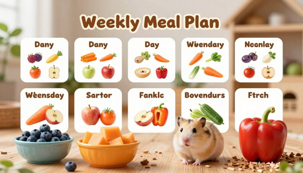 A visually appealing weekly meal plan graphic for a dwarf hamster diet. In the foreground, showcase colorful, neatly arranged bowls of safe fruits like blueberries, apples, and vegetables like carrots and bell peppers. The middle layer presents a structured weekly layout, with designated sections for each day of the week, adorned with small icons of the food items mentioned. In the background, a softly blurred cozy environment mimics a small animal habitat with natural elements like wood chips and greenery. The lighting is warm and inviting, resembling a bright afternoon in a pet-friendly room. Capture a sense of care and organization suitable for a pet caregiver, reflecting a nurturing atmosphere for pet nutrition. A visually appealing weekly meal plan graphic for a dwarf hamster diet. In the foreground, showcase colorful, neatly arranged bowls of safe fruits like blueberries, apples, and vegetables like carrots and bell peppers. The middle layer presents a structured weekly layout, with designated sections for each day of the week, adorned with small icons of the food items mentioned. In the background, a softly blurred cozy environment mimics a small animal habitat with natural elements like wood chips and greenery. The lighting is warm and inviting, resembling a bright afternoon in a pet-friendly room. Capture a sense of care and organization suitable for a pet caregiver, reflecting a nurturing atmosphere for pet nutrition.