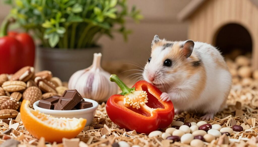 A visually engaging and educational image depicting a hamster surrounded by various forbidden foods. In the foreground, the hamster looks curious, its small paws touching a bright red bell pepper, while a small bowl of chocolate and a piece of unpeeled citrus fruit sit next to it. In the middle ground, several other prohibited items like nuts, garlic, and raw beans are scattered around, emphasizing what should never be fed to hamsters. The background features a cozy small animal habitat with natural wood chips and a vibrant green plant, creating an inviting atmosphere. Soft, warm lighting highlights the hamster and the foods, with a slightly blurred effect in the background to draw focus on the subject. The overall mood is informative and cautionary, perfect for emphasizing the importance of safe hamster care.