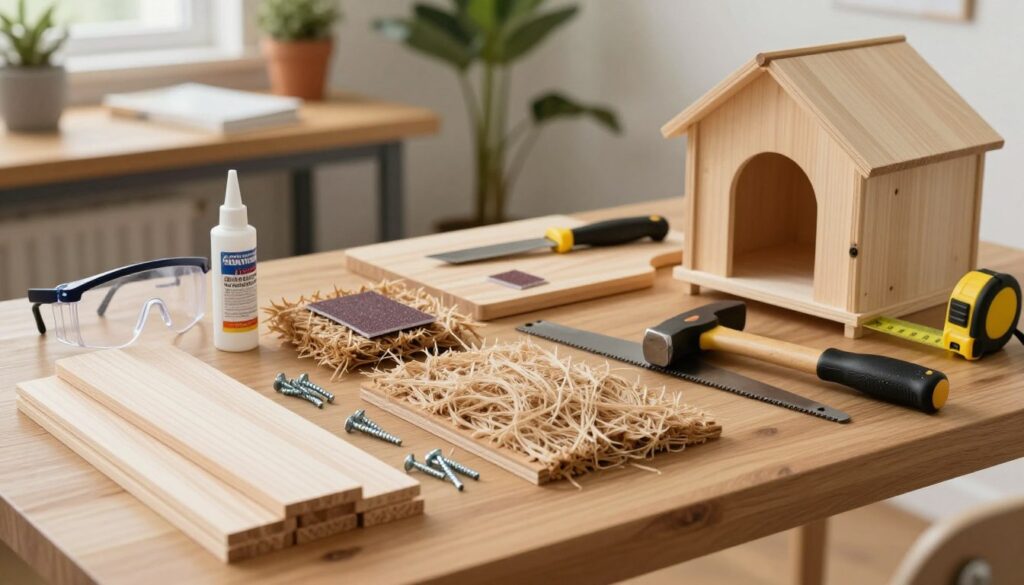 A well-organized DIY workspace featuring various materials and tools for building a hamster house. In the foreground, display neatly arranged supplies such as untreated wood pieces, non-toxic glue, natural hemp bedding, and small metal screws. Include essential hand tools like a saw, hammer, and screwdriver, positioned attractively beside a measuring tape and safety goggles. In the middle, showcase a cutting board with a craft knife and a small sandpaper block. The background should feature a tidy, well-lit workspace, perhaps with a wooden table and some potted plants for a cozy atmosphere. Soft, natural lighting illuminates the scene, creating a warm and inviting mood. The angle is slightly elevated, providing a clear view of the materials and tools.