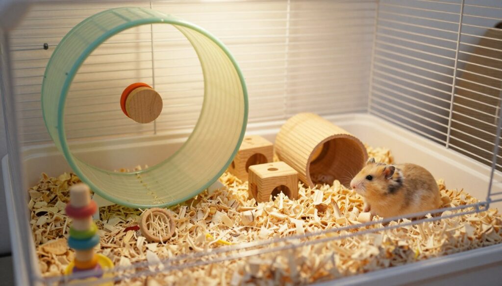 A well-organized hamster cage interior, showcasing essential equipment like a spacious exercise wheel, soft bedding, and various accessories. In the foreground, focus on a colorful, sturdy exercise wheel placed prominently in one corner, with a layer of fresh, aspen shavings beneath it. In the middle, feature a variety of small, chewable toys—such as wooden blocks and tunnels—arranged thoughtfully for visual appeal. The background should include a gentle, warm light illuminating the cage, enhancing the natural textures and colors of the bedding and accessories. The atmosphere should feel inviting and cozy, depicting a safe and stimulating environment for a hamster. The composition should be framed from a slightly elevated angle to capture the depth and detail of the cage's setup.