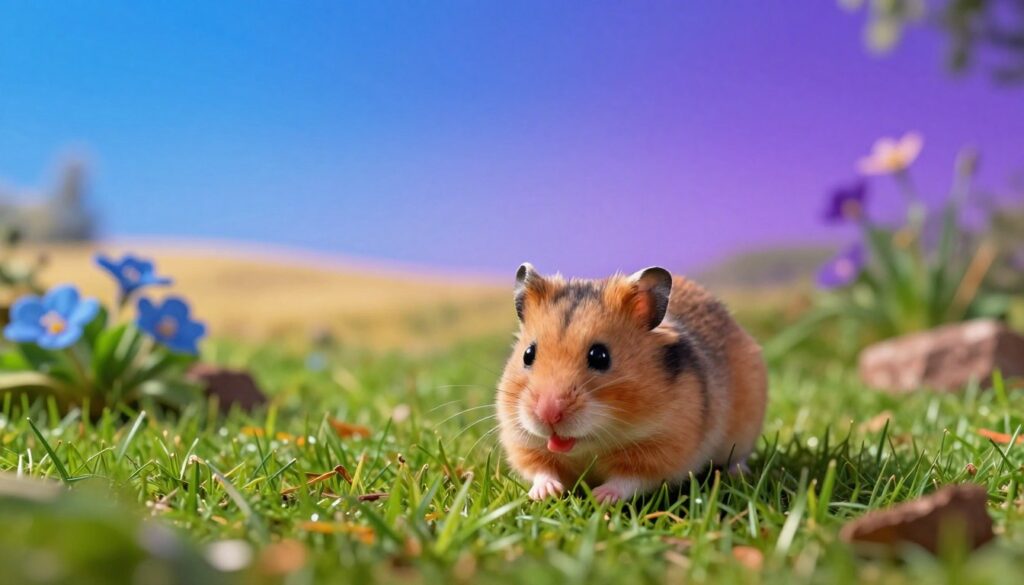 A whimsical and vibrant scene illustrating a hamster's perspective on colors. The foreground features an inquisitive hamster exploring a small patch of lush green grass, its tiny nose twitching with curiosity. Above, a vivid blue sky transitions into a gradient of purple and ultraviolet shades, subtly hinting at how hamsters perceive color. The middle ground showcases colorful flowers in soft focus, emphasizing hues of blue and green amidst earthy tones. The background reveals a sunny landscape bathed in golden light, creating a warm and inviting atmosphere. Capture the scene from a low angle to mimic the hamster's viewpoint, highlighting its unique sensory world in a playful yet serene manner.