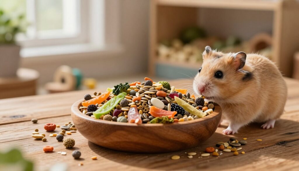 A wooden bowl filled with high-quality dry hamster food sits on a rustic wooden table. The food consists of colorful pellets, seeds, and dried vegetables, arranged artfully to showcase its variety and nutritional richness. In the foreground, a curious, fluffy hamster with light brown fur examines the bowl, its tiny paws gently touching the food. The middle ground features a cozy habitat with soft bedding and small chew toys, while a blurred backdrop shows a warm, softly lit room adorned with plants and a window filtering in gentle sunlight. The atmosphere is calm and inviting, with warm natural lighting that enhances the vibrant colors of the food, creating a nurturing environment suitable for small pets.