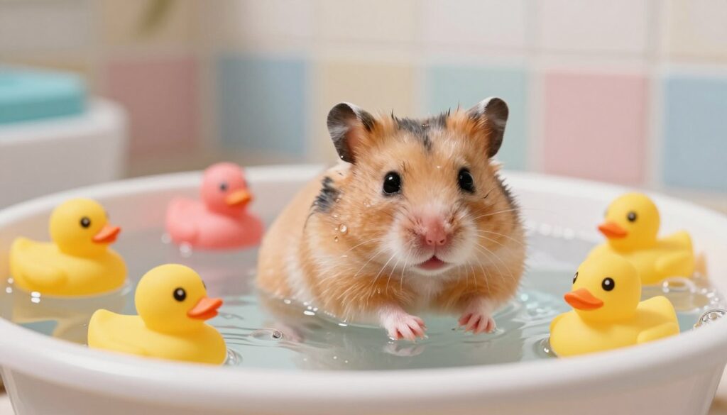A worried-looking hamster floating in a small, shallow dish of water, surrounded by bubbles and rubber duckies, conveying a sense of uncertainty and discomfort. In the foreground, the hamster is wet and fluffy, with droplets glistening on its fur, showcasing its tiny paws paddling awkwardly. In the middle of the frame, bright, colorful bath toys add a playful contrast, while the background features a soft-focus bathroom setting with pastel tiles and gentle lighting. The ambient light casts a warm, inviting glow, but the hamster's expression suggests distress, highlighting the theme of safety in water play. The angle should capture the hamster's perspective, enhancing the feeling of unease. No text or distractions in the image. A worried-looking hamster floating in a small, shallow dish of water, surrounded by bubbles and rubber duckies, conveying a sense of uncertainty and discomfort. In the foreground, the hamster is wet and fluffy, with droplets glistening on its fur, showcasing its tiny paws paddling awkwardly. In the middle of the frame, bright, colorful bath toys add a playful contrast, while the background features a soft-focus bathroom setting with pastel tiles and gentle lighting. The ambient light casts a warm, inviting glow, but the hamster's expression suggests distress, highlighting the theme of safety in water play. The angle should capture the hamster's perspective, enhancing the feeling of unease. No text or distractions in the image.