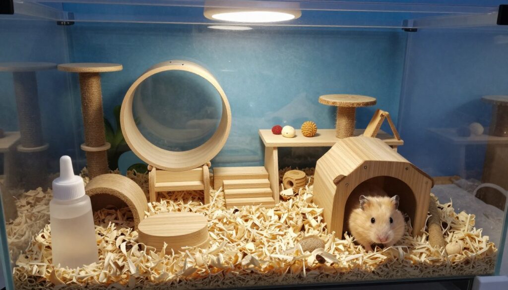 An aquarium designed specifically for a hamster, featuring a spacious, well-structured habitat. In the foreground, showcase soft bedding material like aspen shavings, a small water bottle, and a cozy hideout made from natural wood. In the middle ground, include a running wheel, climbing structures, and safe chew toys arranged harmoniously. The background displays a soothing blue aquatic theme with gentle lighting emanating from an overhead lamp, casting warm shadows and creating a tranquil atmosphere. The scene should emphasize the safety and comfort of the hamster, with a clean, well-ventilated environment. Use a slight top-down angle to capture the entire aquarium setup, evoking a sense of care and thoughtfulness in the design.