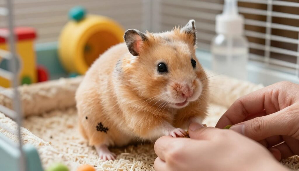 An elderly hamster with a visibly dirty bottom sits on a soft, cushiony bedding in a cozy, well-lit cage. The hamster's fur is a mix of golden and light brown, with patches of disheveled hair, highlighting its age and grooming needs. In the foreground, gentle hands are delicately approaching the hamster, illustrating a careful and tender approach to its hygiene. In the background, soft toys and a water bottle are arranged in a vibrant, inviting environment, enhancing the sense of a loving home. The lighting is warm and natural, creating a soothing atmosphere that evokes care and compassion. The angle focuses on the hamster's face, showcasing its expressive eyes, while soft shadows add depth to the scene.