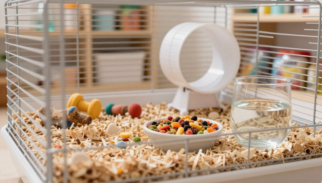 In a cozy, warmly lit room, focus on a beautifully arranged hamster cage in the foreground, showcasing a neatly layered bedding of soft, natural substrate. Adjacent to the cage, a small bowl filled with colorful hamster food and another with fresh water glistens invitingly. In the middle ground, include scattered accessories like chew toys and a small exercise wheel, enhancing the idea of a nurturing environment. The background features shelves filled with more pet care supplies, subtly hinting at the hidden costs of pet ownership. Use soft, diffused natural lighting to create a calm and inviting atmosphere, evoking the idea of warmth and responsibility in pet care. The angle should be slightly above the cage to offer a clear view of the contents.