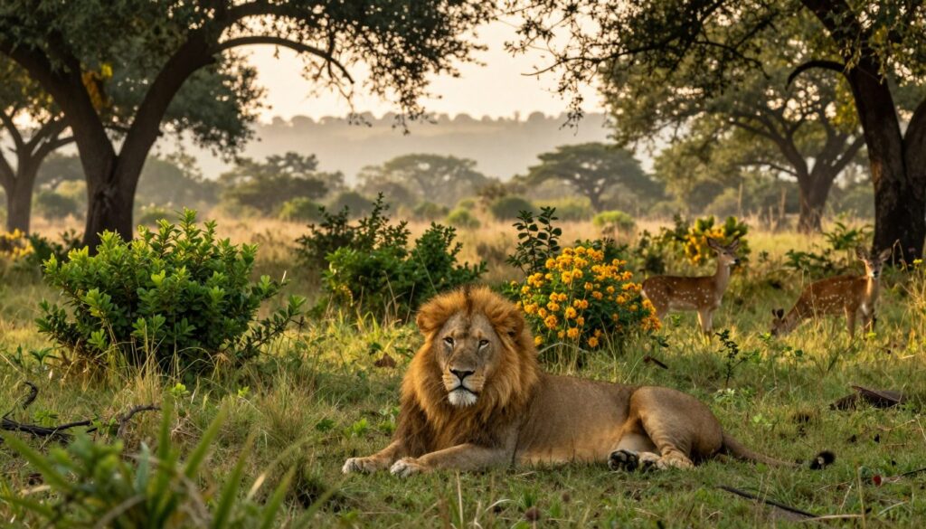 In the foreground, a majestic Asiatic lion rests peacefully among the lush greenery of Gir Forest, its golden mane illuminated by warm, soft sunlight filtering through the dense canopy above. In the middle ground, clusters of vibrant flora, including emerald green shrubs and tall grasses, create a rich tapestry of hues, while a few inquisitive deer graze nearby, adding life to the serene setting. The background features the distant outlines of gentle hills, partially shrouded in mist, suggesting the vastness of the forest. The mood is tranquil and harmonious, capturing the essence of a secluded wilderness. The lighting is golden hour, casting a warm glow over the scene. The composition is shot from a low angle, emphasizing the lion's grandeur in its natural habitat, evoking a sense of peace and survival in the wild. In the foreground, a majestic Asiatic lion rests peacefully among the lush greenery of Gir Forest, its golden mane illuminated by warm, soft sunlight filtering through the dense canopy above. In the middle ground, clusters of vibrant flora, including emerald green shrubs and tall grasses, create a rich tapestry of hues, while a few inquisitive deer graze nearby, adding life to the serene setting. The background features the distant outlines of gentle hills, partially shrouded in mist, suggesting the vastness of the forest. The mood is tranquil and harmonious, capturing the essence of a secluded wilderness. The lighting is golden hour, casting a warm glow over the scene. The composition is shot from a low angle, emphasizing the lion's grandeur in its natural habitat, evoking a sense of peace and survival in the wild.