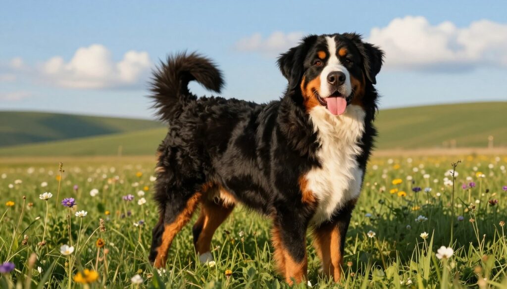 A Bernese Mountain Dog standing proudly in a lush, green meadow, showcasing its majestic tri-color coat—rich black, bright white, and deep rust. The foreground features the dog with a gentle expression, its tongue lolling in a friendly manner. In the middle ground, soft wildflowers bloom, adding splashes of color. In the background, rolling hills stretch towards a clear blue sky, dotted with fluffy white clouds, creating a serene atmosphere. The scene is illuminated by warm, golden sunlight, casting soft shadows and enhancing the dog’s fluffy fur. The mood is peaceful and vibrant, reflecting the joy and vitality of this beloved breed, representing its unique charm and the bond it shares with owners.