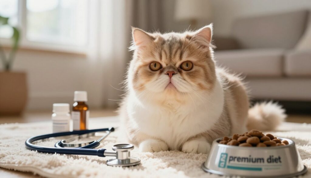 A Persian cat with a flat face, sitting gracefully on a soft, cozy blanket in a warmly lit living room. The foreground features a close-up of the cat's expressive eyes, revealing a hint of concern, symbolizing health issues. In the middle, the cat is surrounded by various veterinary items such as a stethoscope, medicine bottles, and a cat food bowl labeled "premium diet," emphasizing the importance of care. The background softly blurs a serene atmosphere, showcasing a window with gentle sunlight streaming in, creating a calm and reflective mood. The overall lighting is warm and inviting. The composition conveys the theme of awareness regarding the common health issues faced by Persian cats, with a focus on their life span and care.