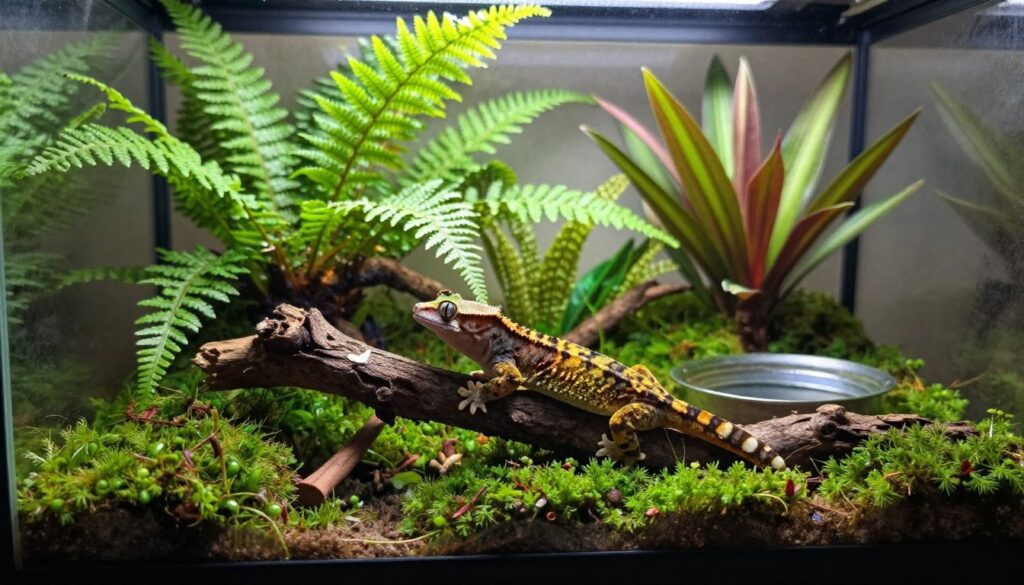 A beautifully arranged terrarium designed for a crested gecko, showcasing a lush and vibrant ecosystem. In the foreground, the crested gecko sits on a branch, its intricate patterns and textures displayed clearly. The middle layer features vibrant greenery, including ferns, moss, and tropical plants, with a small water dish reflecting soft light. In the background, the terrarium's glass walls are slightly fogged, adding depth and a sense of enclosure. Soft, diffused natural light filters in, creating a warm, inviting atmosphere. The angle is slightly tilted, emphasizing the layers of the terrarium while focusing on the gecko as the centerpiece. The overall mood is serene and exotic, highlighting the importance of a well-maintained habitat for longevity.