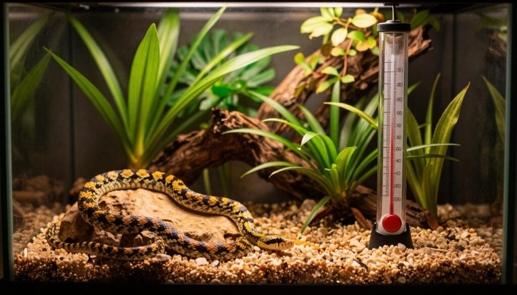 A beautifully designed terrarium showcasing a stable heat gradient, featuring a variety of tropical plants and substrates. In the foreground, a colorful corn snake slithers over a warm basking rock, demonstrating natural behavior. The middle section features a detailed thermometer displaying the ideal temperature range for the snake's habitat. The background includes lush greenery, with soft lighting creating a serene atmosphere, evoking a sense of a natural ecosystem. The overall composition highlights the importance of temperature in a terrarium without any distractions or text, focusing solely on the intricate details of the environment and the snake. Use warm tones to convey comfort and stability, with a slight depth-of-field effect to enhance the focus on the terrarium's elements.