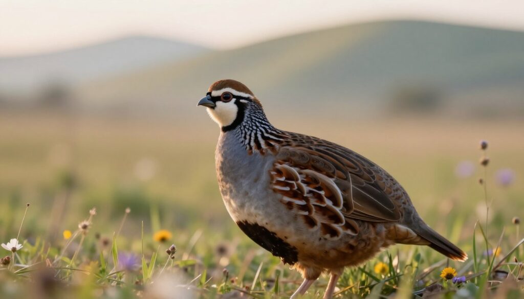 A beautifully detailed Japanese quail, showcasing its distinctive features such as the intricate pattern of its feathers and its striking facial markings. In the foreground, the quail stands gracefully, partially turned, allowing a clear view of its plumage. The middle ground features soft, blurred grass, creating a natural habitat setting, while hints of wildflowers add a touch of color. In the background, a serene landscape of gently rolling hills under a soft morning light, with ethereal warm tones illuminating the scene. The atmosphere is tranquil and inviting, evoking a sense of peacefulness typical of the quail’s environment. Utilize a shallow depth of field, capturing the fine textures of the bird while keeping the background subtly out of focus.