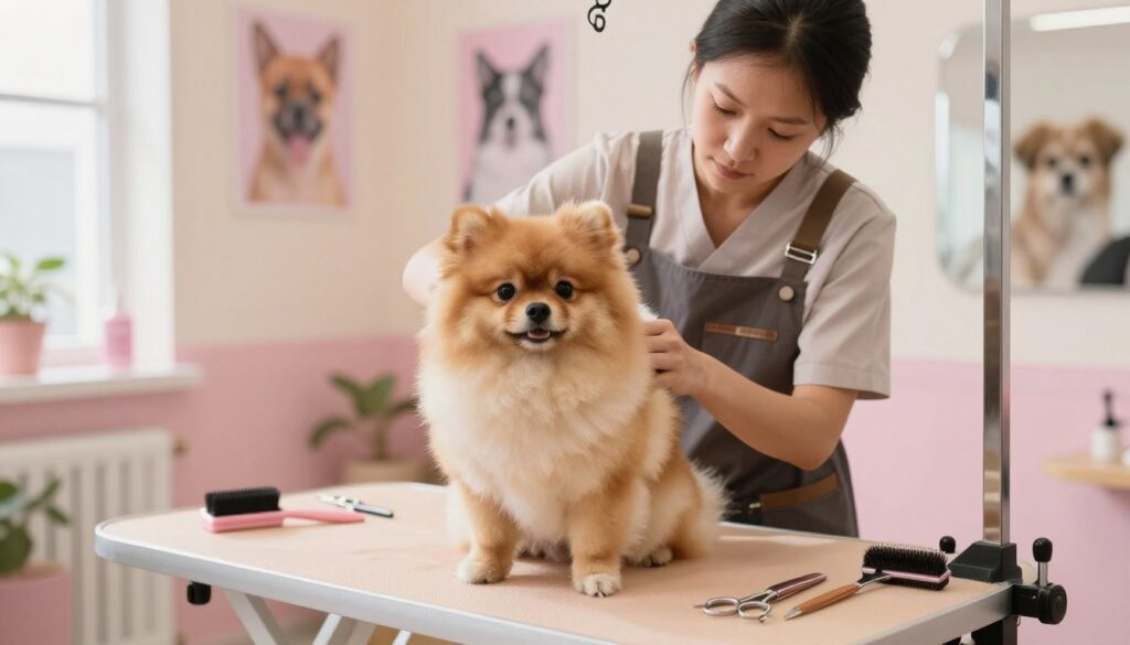 A beautifully groomed Pomeranian dog sits on a soft, light-colored grooming table in a well-lit, serene pet grooming salon. The foreground features the dog with shiny, fluffy fur being gently brushed by a professional groomer wearing a modest, professional outfit. In the middle ground, the groomer focuses intently on the Pomeranian's fur care while a variety of pet grooming tools, like brushes and scissors, are artfully arranged around them. The background shows calming pastel-colored walls adorned with pet posters and a window allowing soft, natural light to stream in, creating a warm atmosphere that promotes the importance of fur, skin, and ear care in preventing health issues. The overall mood is tranquil and attentive, emphasizing the careful attention required for pet grooming.