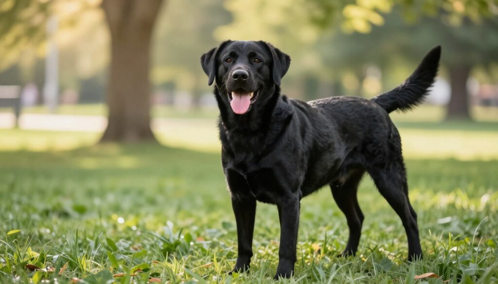 A black Labrador retriever standing proudly in a lush green park, showcasing its healthy, shiny coat. The foreground captures the dog in a playful pose, with its ears perked up and tongue out, conveying a sense of vitality and joy. In the middle background, a few trees provide gentle shade, while sunbeams filter through the leaves, creating a warm and inviting glow. The atmosphere is lively and uplifting, reflecting the strong bond between the dog and its lively environment. Shot with a soft focus effect to emphasize the dog's features against a slightly blurred, serene setting. The composition should evoke feelings of health, happiness, and the importance of a good lifestyle for longevity.