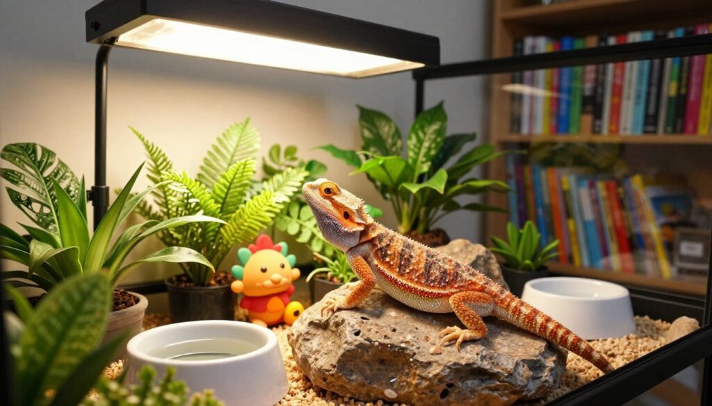 A brightly lit interior setting featuring a carefully designed vivarium for a bearded dragon. In the foreground, a healthy bearded dragon sits on a large rock, basking under a warm UVB lamp, showcasing vibrant colors and textures of its scales. A lush array of green plants and colorful decorations create a naturalistic environment in the middle ground, while a small water dish and feeding bowl are placed nearby. The background displays shelves filled with books on reptile care and health, contributing to an educational atmosphere. The soft, warm lighting enhances the cozy feeling of this reptile care space, conveying a sense of well-being and careful maintenance of the lizard's habitat. The angle is slightly elevated, focusing on the bearded dragon and its surroundings, illustrating the essential routines that promote its longevity and health. A brightly lit interior setting featuring a carefully designed vivarium for a bearded dragon. In the foreground, a healthy bearded dragon sits on a large rock, basking under a warm UVB lamp, showcasing vibrant colors and textures of its scales. A lush array of green plants and colorful decorations create a naturalistic environment in the middle ground, while a small water dish and feeding bowl are placed nearby. The background displays shelves filled with books on reptile care and health, contributing to an educational atmosphere. The soft, warm lighting enhances the cozy feeling of this reptile care space, conveying a sense of well-being and careful maintenance of the lizard's habitat. The angle is slightly elevated, focusing on the bearded dragon and its surroundings, illustrating the essential routines that promote its longevity and health.