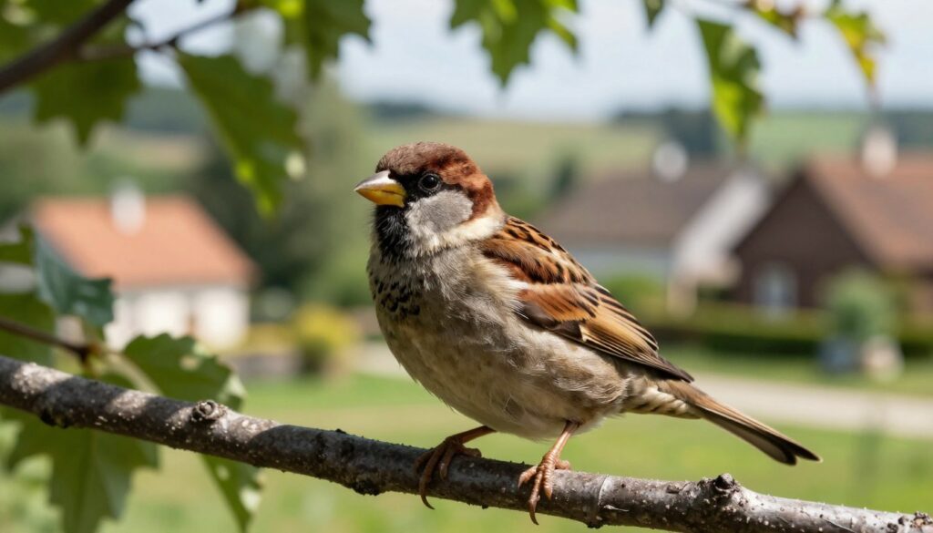 A charming European house sparrow perched on a branch, exhibiting its characteristic brown and gray plumage with a vibrant yellow beak. In the foreground, the sparrow's intricate feather details are highlighted, showcasing its small, lively eyes and robust body. In the middle ground, a subtle blend of green leaves provides a natural habitat setting, while soft, dappled sunlight filters through the canopy, casting gentle shadows. The background features a blurred landscape of a quaint Polish village, with rustic rooftops and lush gardens, evoking a serene atmosphere. The mood is lively yet peaceful, reflecting the sparrow's adaptability to urban environments. The perspective is slightly low, capturing the sparrow's alert posture and engaging presence in this vivid scene. A charming European house sparrow perched on a branch, exhibiting its characteristic brown and gray plumage with a vibrant yellow beak. In the foreground, the sparrow's intricate feather details are highlighted, showcasing its small, lively eyes and robust body. In the middle ground, a subtle blend of green leaves provides a natural habitat setting, while soft, dappled sunlight filters through the canopy, casting gentle shadows. The background features a blurred landscape of a quaint Polish village, with rustic rooftops and lush gardens, evoking a serene atmosphere. The mood is lively yet peaceful, reflecting the sparrow's adaptability to urban environments. The perspective is slightly low, capturing the sparrow's alert posture and engaging presence in this vivid scene.