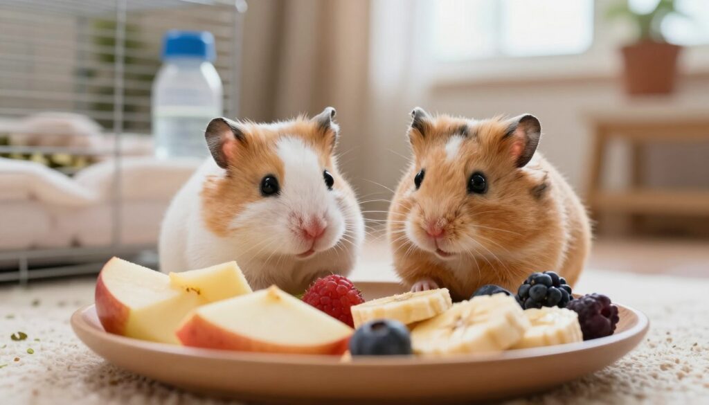 A charming scene featuring a Syrian hamster and a dwarf hamster, sitting side by side with small portions of fresh fruits such as diced apple, banana slices, and berries in front of them. The foreground captures the hamsters curiously examining their colorful fruit platter, showcasing their fluffy fur and bright eyes. The middle ground includes a cozy cage environment with soft bedding and a small water bottle, enhancing the homely atmosphere. In the background, a softly lit room with natural sunlight filtering through a window creates a warm, inviting mood. The image is shot from a low angle, focusing on the hamsters while keeping the background slightly blurred to accentuate the cute details of the fruit and the hamsters’ expressions. A charming scene featuring a Syrian hamster and a dwarf hamster, sitting side by side with small portions of fresh fruits such as diced apple, banana slices, and berries in front of them. The foreground captures the hamsters curiously examining their colorful fruit platter, showcasing their fluffy fur and bright eyes. The middle ground includes a cozy cage environment with soft bedding and a small water bottle, enhancing the homely atmosphere. In the background, a softly lit room with natural sunlight filtering through a window creates a warm, inviting mood. The image is shot from a low angle, focusing on the hamsters while keeping the background slightly blurred to accentuate the cute details of the fruit and the hamsters’ expressions.