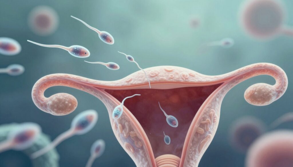 A close-up illustration of a biological concept, focusing on human reproductive anatomy. In the foreground, depict a detailed, semi-transparent anatomical model of the vaginal canal, highlighting the interior structure in soft, muted tones. The middle ground should include stylized sperm cells, depicted as small, glistening, elongated shapes, moving through the canal, capturing the idea of life and movement. The background can be an abstract representation of a microscopic environment, with blurred shapes and gentle gradients of blues and greens, creating a calm, scientific atmosphere. Use soft, diffused lighting to enhance the sense of realism, as if viewed under a soft-focus lens, promoting a mood of education and curiosity. The overall composition should be professional and respectful, suitable for an educational article. A close-up illustration of a biological concept, focusing on human reproductive anatomy. In the foreground, depict a detailed, semi-transparent anatomical model of the vaginal canal, highlighting the interior structure in soft, muted tones. The middle ground should include stylized sperm cells, depicted as small, glistening, elongated shapes, moving through the canal, capturing the idea of life and movement. The background can be an abstract representation of a microscopic environment, with blurred shapes and gentle gradients of blues and greens, creating a calm, scientific atmosphere. Use soft, diffused lighting to enhance the sense of realism, as if viewed under a soft-focus lens, promoting a mood of education and curiosity. The overall composition should be professional and respectful, suitable for an educational article.