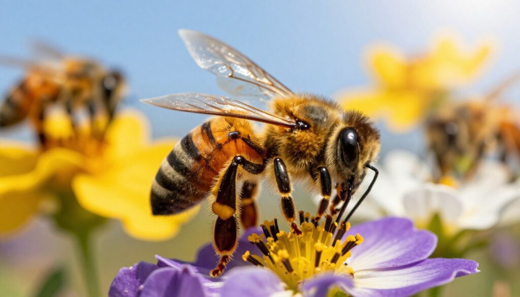 A close-up image of a honeybee (Apis mellifera) actively foraging on vibrant wildflowers under the warm afternoon sun. The foreground features the bee with detailed, textured wings, pollen clinging to its legs. In the middle ground, colorful blossoms in shades of yellow, purple, and white create a lively floral backdrop, while a soft blur hints at other bees working nearby. The background showcases a clear blue sky with gentle sunlight filtering through, casting soft shadows and emphasizing the bee's vital role in its ecosystem. The overall mood is lively and dynamic, conveying the significance of these industrious creatures and the challenges they face in their environment.