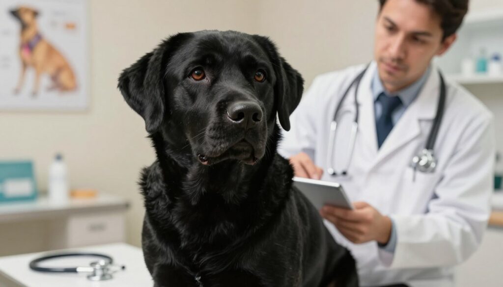 A close-up of a black Labrador Retriever in a veterinary clinic, showing signs of common breed-specific health issues, such as hip dysplasia and heart concerns. The dog sits on an examination table, looking slightly anxious yet hopeful. In the background, a veterinarian, dressed in a white coat, examines the dog's medical chart while soft, warm lighting highlights the dog's shiny coat and expressive eyes. The atmosphere conveys a sense of care and concern, with subtle elements like anatomical posters of dog joints and a stethoscope on the table. The image focuses on the dog's face and the veterinarian's attentive gaze, framed with a softly blurred background to emphasize the subject matter.