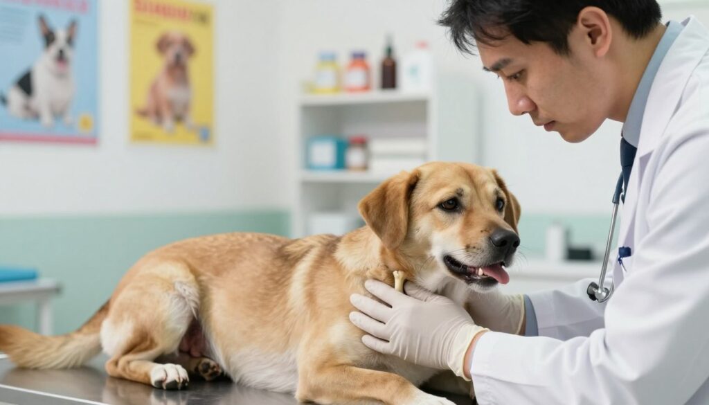 A close-up of a concerned veterinarian examining a dog's abdomen, looking for signs of constipation caused by bone ingestion. The foreground features the veterinarian, wearing a white coat and gloves, gently palpating the dog's stomach. In the middle, the dog, a medium-sized breed with a worried expression, lies comfortably on an examination table. In the background, a well-lit veterinary clinic with colorful posters about pet care and a shelf of medical supplies creates a welcoming atmosphere. Soft, natural lighting illuminates the scene, highlighting the vet's focused demeanor and the dog's distress. The overall mood conveys a sense of care and professionalism, emphasizing the importance of addressing canine constipation.
