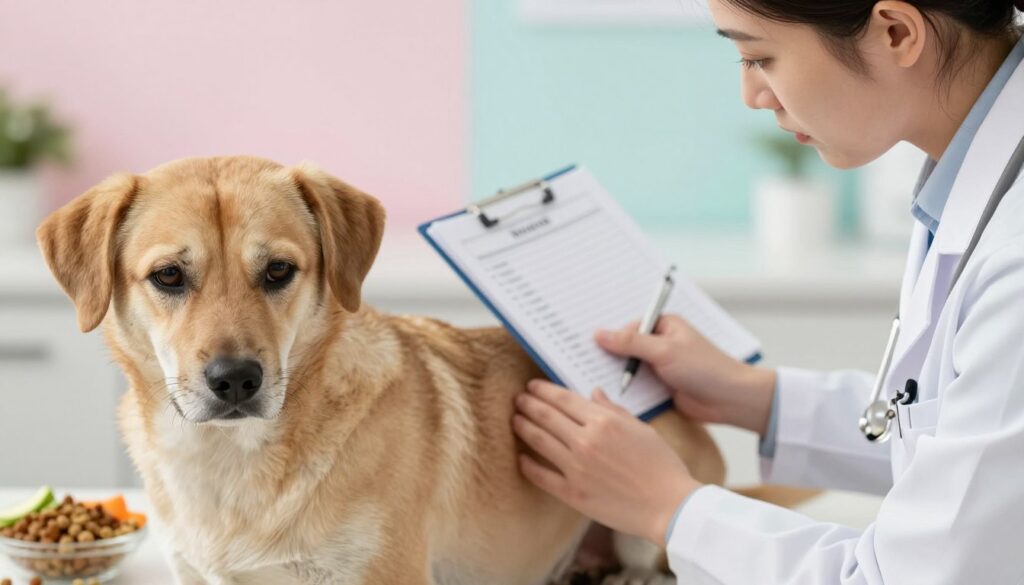 A close-up of a concerned veterinarian examining a medium-sized dog, representing the topic of dog constipation causes related to diet. In the foreground, the dog looks slightly uncomfortable, with its ears drooping and a worried expression. The veterinarian, dressed in a white lab coat, is gently palpating the dog's abdomen, showcasing a professional interaction. In the middle ground, an open notebook with dietary notes, along with various kibble and vegetables scattered around, highlights common dietary issues. The background features a softly lit veterinary clinic with calming pastel colors, giving an atmosphere of reassurance. The image captures the importance of dietary choices in dog health, emphasizing the serious yet caring nature of the consultation. Soft, natural lighting enhances the warm, professional mood of the scene.