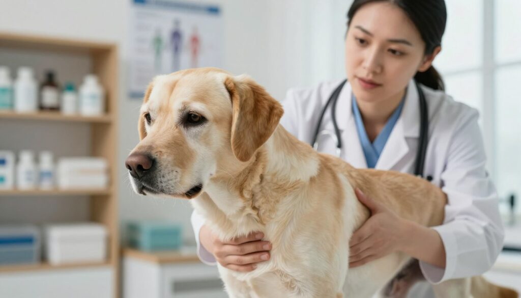 A close-up of a gentle, concerned veterinarian examining an aging dog with signs of hip dysplasia, situated in a well-lit veterinary clinic. The dog is a medium-sized breed, such as a Labrador, showing visible signs of discomfort but also resilience. In the background, shelves with veterinary supplies and health charts subtly indicate the clinical environment. Soft natural light filters through a window, creating a warm, hopeful atmosphere. The angle captures the empathy in the veterinarian's expression as they assess the dog's mobility, emphasizing the importance of care and support. The overall mood is one of compassion and professionalism, highlighting the challenges faced by dogs with dysplasia and the commitment to their well-being through regular check-ups and treatment options.