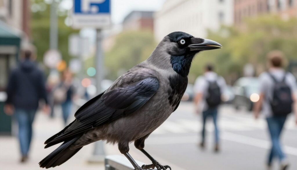A close-up of a gray crow exhibiting intelligence, perched on a city street sign against a bustling urban backdrop. The crow's glossy feathers shimmer in the midday sun, showcasing intricate details and textures. In the foreground, the bird's sharp eyes convey curiosity and awareness, while its beak is slightly open as if engaged in problem-solving. The middle ground features blurred outlines of pedestrians going about their day, emphasizing the contrast between nature and urban life. In the background, soft-focus buildings and greenery highlight the crow's adaptability in city environments. The lighting is bright yet soft, creating an uplifting, insightful mood that reflects the intelligence and resourcefulness of the crow in coexistence with humans.