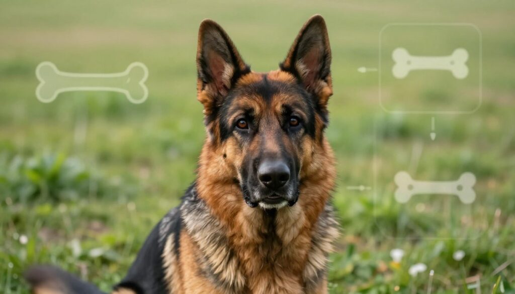 A close-up of a long-haired German Shepherd, showcasing its distinctive features and intelligent expression. The dog is sitting on a grassy field, with a slight tilt of its head, exuding a sense of vulnerability as it looks towards the viewer. In the background, subtle depictions of common health issues affecting the breed are represented, such as outlines of bone and joint icons. The lighting is soft and natural, reminiscent of early morning light, enhancing the dog's fur texture and vibrant colors. The atmosphere is calm and contemplative, emphasizing the importance of health and well-being for these majestic dogs. The image is set at eye level to create an engaging connection with the viewer. A close-up of a long-haired German Shepherd, showcasing its distinctive features and intelligent expression. The dog is sitting on a grassy field, with a slight tilt of its head, exuding a sense of vulnerability as it looks towards the viewer. In the background, subtle depictions of common health issues affecting the breed are represented, such as outlines of bone and joint icons. The lighting is soft and natural, reminiscent of early morning light, enhancing the dog's fur texture and vibrant colors. The atmosphere is calm and contemplative, emphasizing the importance of health and well-being for these majestic dogs. The image is set at eye level to create an engaging connection with the viewer.