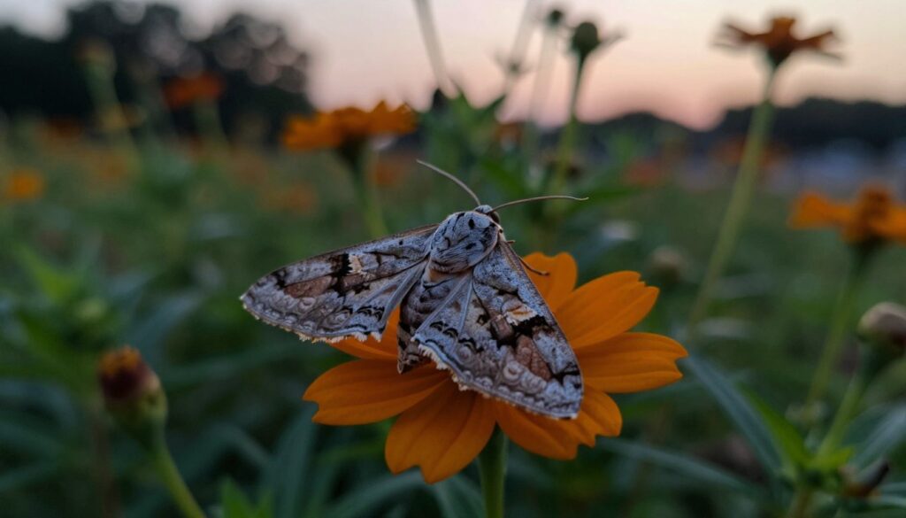 A close-up of a moth resting on a vibrant flower at dusk, soft light illuminating its delicate wings adorned with intricate patterns. In the foreground, the moth is prominently featured, showcasing its detailed textures and colors, while the background fades into a softly blurred garden scene filled with rich green foliage and blurred silhouettes of other flowers. The atmosphere is serene and tranquil, evoking a sense of nature's calmness as the day transitions into night. The lighting is warm with soft shadows, emphasizing the moth's subtle beauty and the quiet environment around it. Capture this ethereal moment to reflect the natural behavior and diet of adult moths.