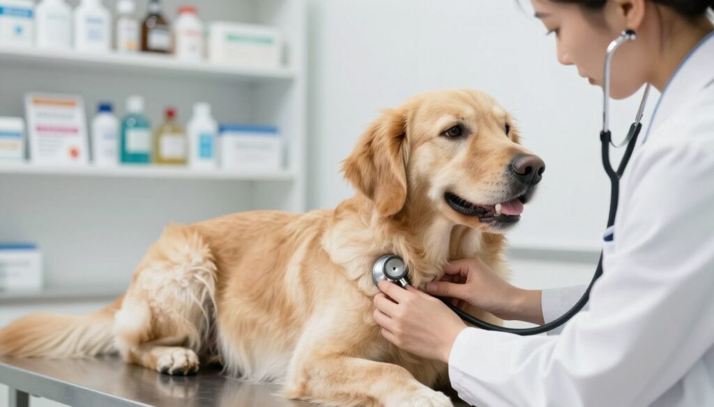 A close-up of a veterinarian gently examining a dog's stomach in a bright, sterile clinic environment. The dog, a medium-sized golden retriever, is lying on an examination table, appearing calm and relaxed. In the foreground, the veterinarian, dressed in a professional white lab coat, carefully checks the dog's abdomen with a stethoscope, ensuring a compassionate and caring atmosphere. The background features shelves filled with medical supplies and pamphlets about pet health. Soft, diffused lighting highlights the interaction, creating a reassuring and knowledgeable mood. The angle is slightly above eye level, focusing on the connection between the vet and the dog, emphasizing care and support for digestive health after vomiting episodes.