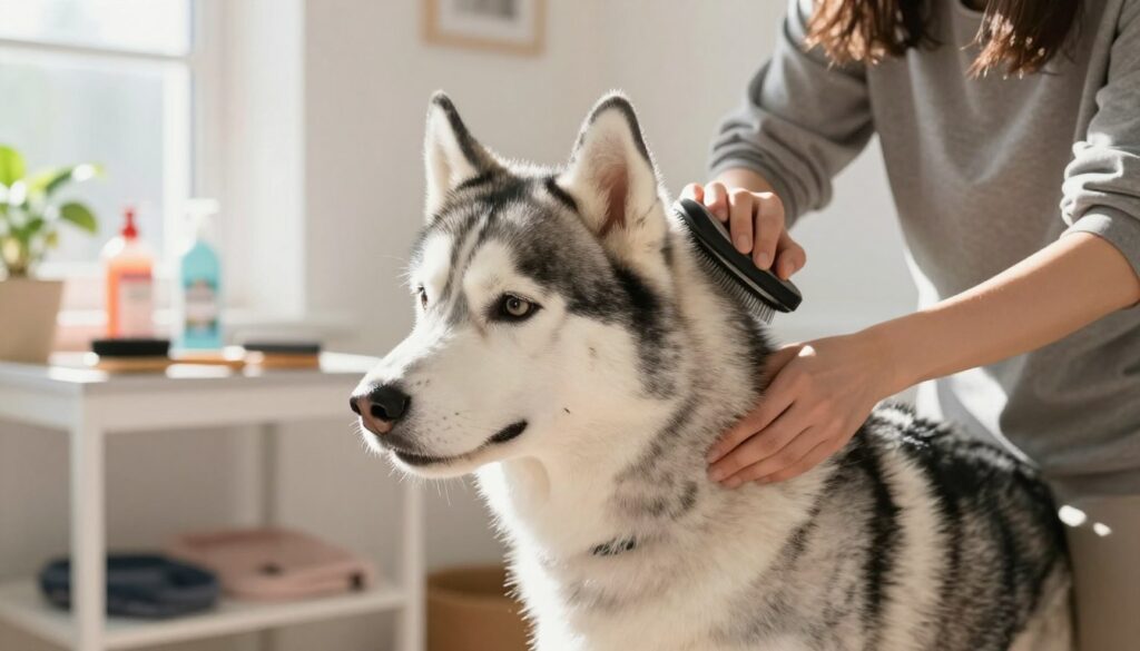 A close-up scene of a well-groomed Siberian Husky in a bright, airy setting, highlighting its thick, dual-layered fur. The dog is being gently brushed by a focused individual dressed in casual, comfortable clothing, demonstrating proper grooming techniques. Sunlight filters through a window, casting soft, warm light on the scene, enhancing the texture of the Husky's fur. In the background, a tidy grooming station is visible with brushes and fur care products neatly arranged, while plants add a touch of greenery. The overall mood is calm and nurturing, capturing the bond between the dog and the caregiver while emphasizing the importance of proper coat care.