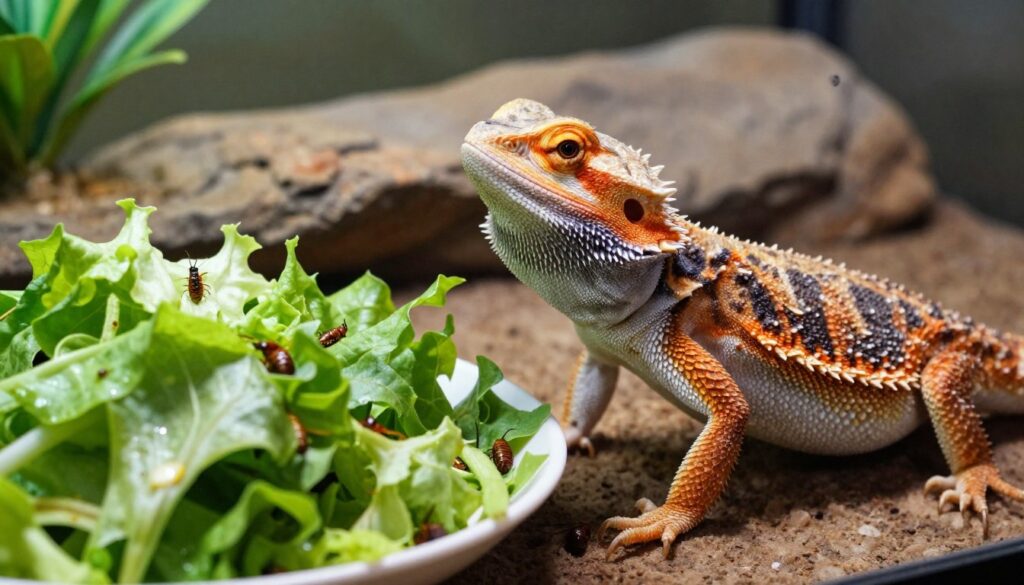 A close-up shot of a bearded dragon being fed, showcasing the contrasting sizes of a young and an adult reptile. In the foreground, a vibrant green salad is offered in a small dish, with crickets scattered around the base. The young bearded dragon, lively and bright in color, eagerly reaches towards the food, while the adult, larger and more robust, sits calmly nearby. The background features a naturalistic terrarium setup with rocks and plants, providing an ambient habitat. Soft, diffused lighting highlights the textures of the lizards' scales and the freshness of the food. The scene conveys a sense of care and attention to proper feeding practices, evoking a warm, nurturing atmosphere.