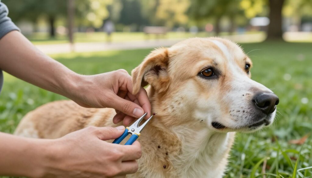 A close-up shot of a dog lying on a grassy field, with a concerned owner gently removing a tick from its fur. The foreground features the owner's hands equipped with tick removal tools, showcasing the careful and attentive process. In the middle ground, the dog appears calm, with its bright eyes reflecting trust and comfort. The background shows a sunlit park scene with trees and a walking path, creating a serene atmosphere. Soft, natural lighting highlights the textures of the dog's fur and the tools used. The overall mood conveys a sense of care and responsibility, emphasizing pet safety and post-walk checks for ticks.