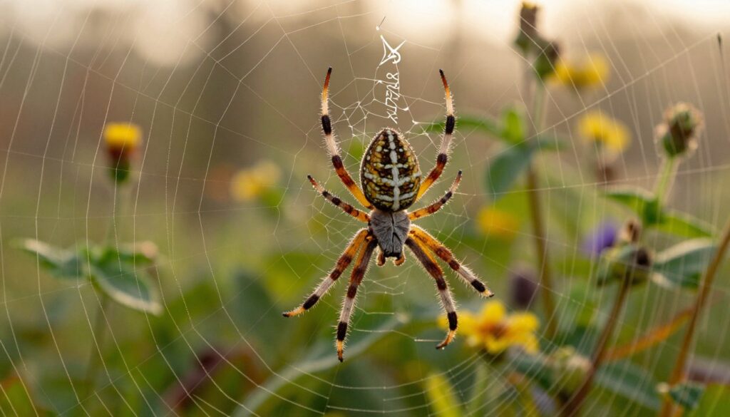 A close-up view of a European garden spider, known as "krzyżak," perched on a delicate web, showcasing its unique cross-patterned body. In the foreground, highlight the intricate details of the spider's legs and the shiny silk of the web, glistening with morning dew. The middle section should depict soft greenery, with blurred leaves and flowers providing a natural habitat, while the background features a softly lit, diffused bokeh effect, evoking a serene autumn atmosphere. The lighting is warm and golden, suggesting early dawn or late afternoon, creating a peaceful and vibrant setting. The overall mood conveys a sense of curiosity and wonder about the spider's life cycle, suitable for the thematic focus of its longevity.
