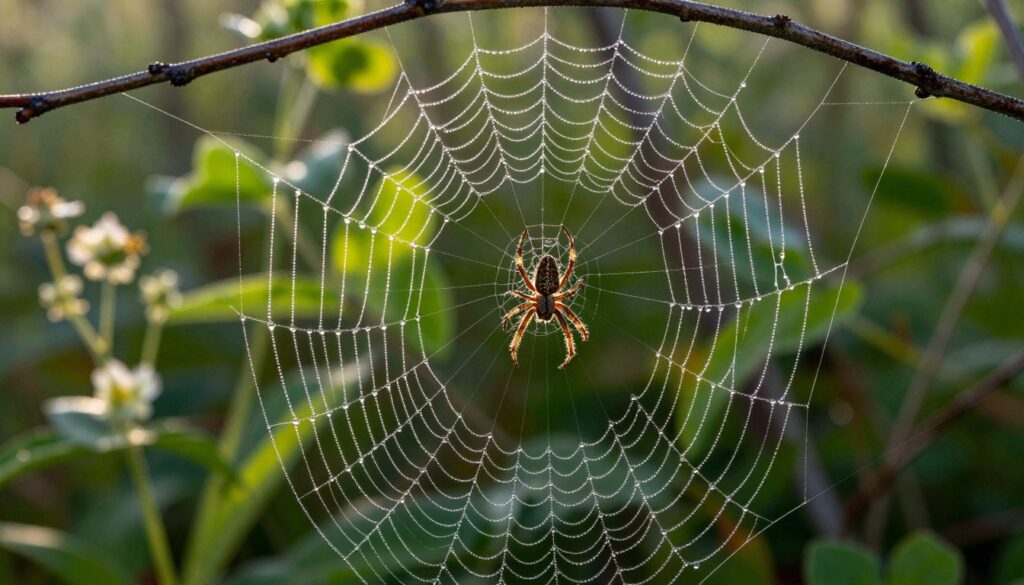 A close-up view of a beautifully intricate spider web, glistening with morning dew, suspended between two branches in a lush forest. In the foreground, the web displays delicate strands woven in a geometric pattern, capturing the light and shimmering with silvery droplets. A small, brown cross spider sits gracefully in the center, poised and alert, ready to catch its prey. In the middle ground, hints of bright green foliage and soft-focus wildflowers create a serene backdrop that emphasizes the web's clarity. The sunlight filters softly through the leaves, casting gentle shadows and highlighting the texture of the web. The overall mood is tranquil and mystical, evoking a sense of wonder about the natural world and the artistry of the spider's work.