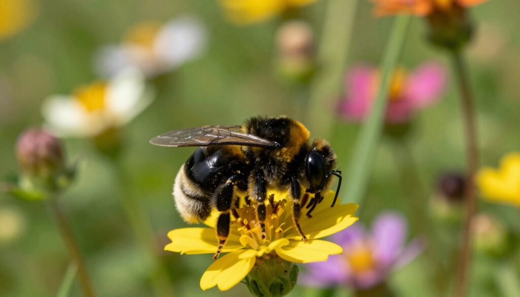 A close-up view of a black bee, specifically a solitary bee species, resting on a vibrant flower. The foreground highlights the bee’s intricate body structure and shiny black exoskeleton, with pollen visibly adhering to its legs. In the middle ground, a variety of colorful wildflowers bloom, representing the diverse flora that supports the bee's lifecycle. The background is softly blurred with lush greenery under warm, natural sunlight, creating a serene and inviting atmosphere. The image captures the essence of a thriving ecosystem, emphasizing the bee's role within it. The shot is taken with a macro lens, accentuating details while maintaining a harmonious, nature-inspired palette, evoking a sense of calm and appreciation for wildlife.