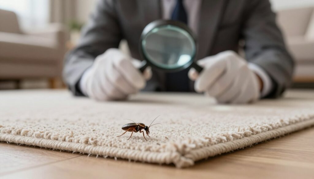 A close-up view of a carpet corner in a modest living room, illustrating the presence of fleas. The foreground features a small, detailed cluster of fleas, with their distinctive elongated bodies and detailed antennae, positioned on soft fibers of the carpet. In the middle ground, include a pair of gloved hands holding a magnifying glass, inspecting the carpet, dressed in professional casual clothing. The background shows a blurred image of a cozy living room setting with warm lighting, emphasizing a homey atmosphere. Use soft focus and natural light to create a sense of urgency and concern about pest control. The overall mood should evoke a sense of awareness and readiness to tackle the problem of fleas in the home.