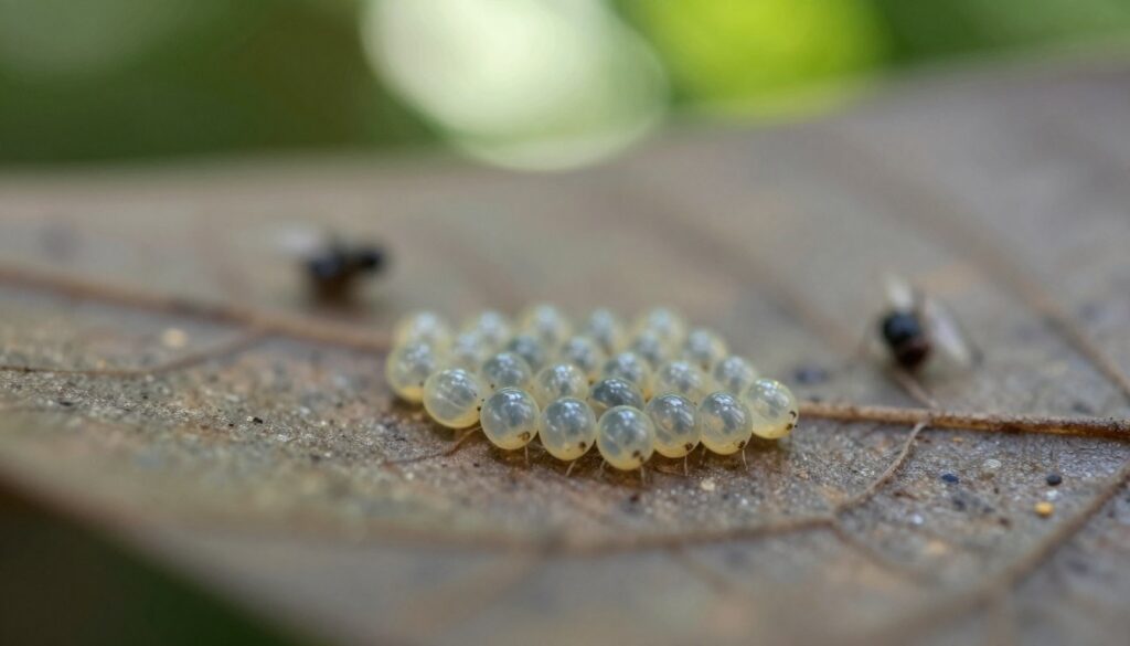 A close-up view of a cluster of fly eggs laid on a decaying leaf, illustrating the reproductive process of the female fly. In the foreground, the glossy, tiny eggs are clearly visible, showcasing their translucent appearance against the textured surface of the leaf. The middle ground features a few small, blurred details of surrounding foliage, while the background contains soft, diffused sunlight filtering through green leaves, creating a natural, serene atmosphere. The image is captured with a macro lens, emphasizing the intricate details and providing a sense of intimacy with the subject. The overall mood is calm and scientific, reflecting the fascinating yet fleeting nature of insect life cycles.
