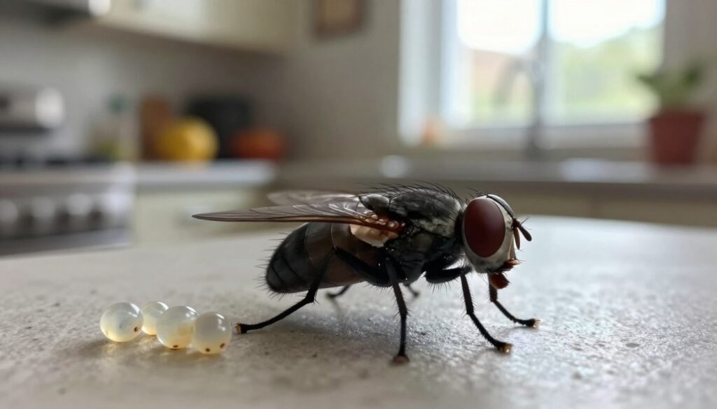 A close-up view of a common housefly on a textured surface, focusing on the detailed anatomy of the fly, including its wings and intricate eye structure. In the foreground, several small clusters of fly eggs are artistically displayed, emphasizing their oval shape and translucent quality. The middle ground captures a soft-focus representation of a domestic environment, showing a kitchen with subtle hints of decay, like overripe fruit on a counter. The background features a blurred window to suggest natural light filtering in, casting gentle highlights on the scene. The overall mood is informative and slightly unsettling, highlighting the concept of reproduction and infestation without being overtly graphic. Use soft, natural lighting to create contrast and texture, simulating a macro photography style.