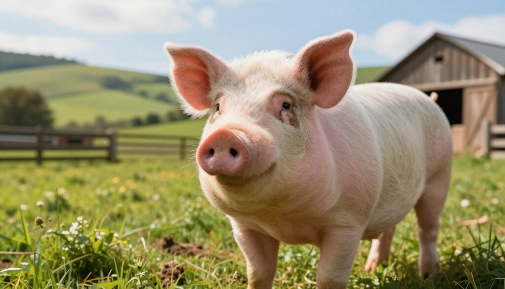 A close-up view of a domestic pig in a serene farm setting, showcasing its healthy and vibrant features. The pig is in the foreground, with a glossy, well-groomed coat and a calm demeanor. In the middle ground, lush green pastures and a wooden barn represent a nurturing environment that supports longevity. The background features soft rolling hills under a bright, sunny sky, creating a warm and inviting atmosphere. Natural lighting bathes the scene, highlighting the pig's facial expression that conveys contentment and well-being. Capture the image from a slightly low angle to emphasize the pig's stature and the expansive landscape around it. The mood is peaceful and idyllic, reflecting the theme of a healthy lifespan in a supportive setting.