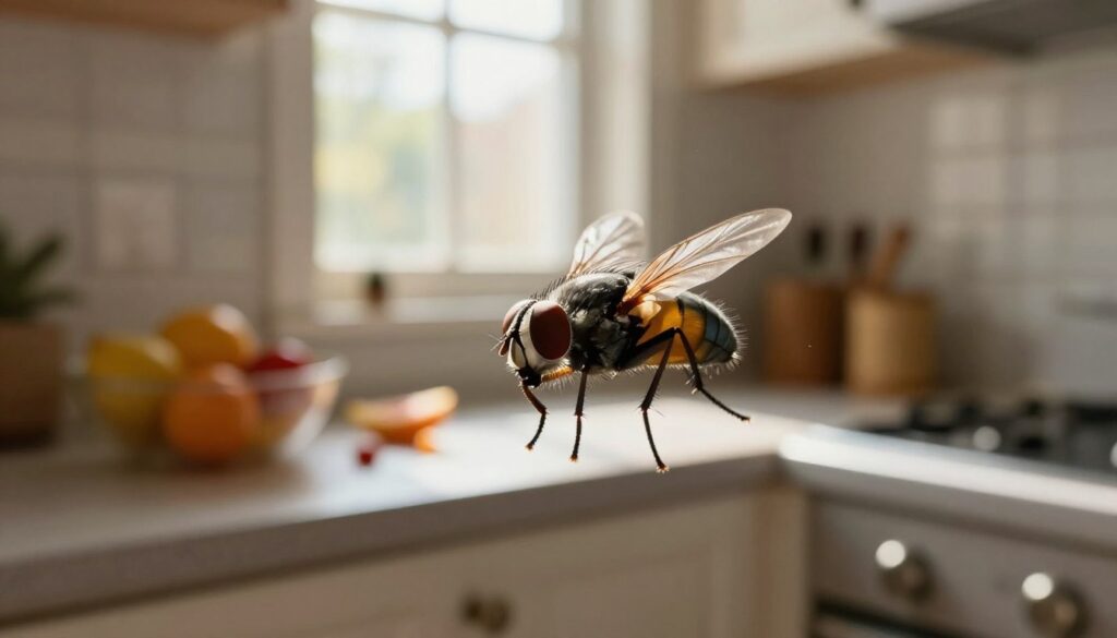 A close-up view of a housefly buzzing around a sunny kitchen during the day, with sunlight streaming in through a window, creating warm highlights on the insect's wings. In the foreground, the fly is prominently displayed, showcasing its delicate wings and iridescent body. In the middle ground, a clutter-free kitchen countertop with a fruit bowl and a few crumbs indicates where the fly might find food. The background features soft-focus kitchen elements such as a dish rack and light-colored walls, enhancing the domestic atmosphere. The overall mood is lively and dynamic, capturing the common activity of flies as they search for food inside homes during daylight hours. The image is framed at a slight angle, emphasizing the movement of the fly.