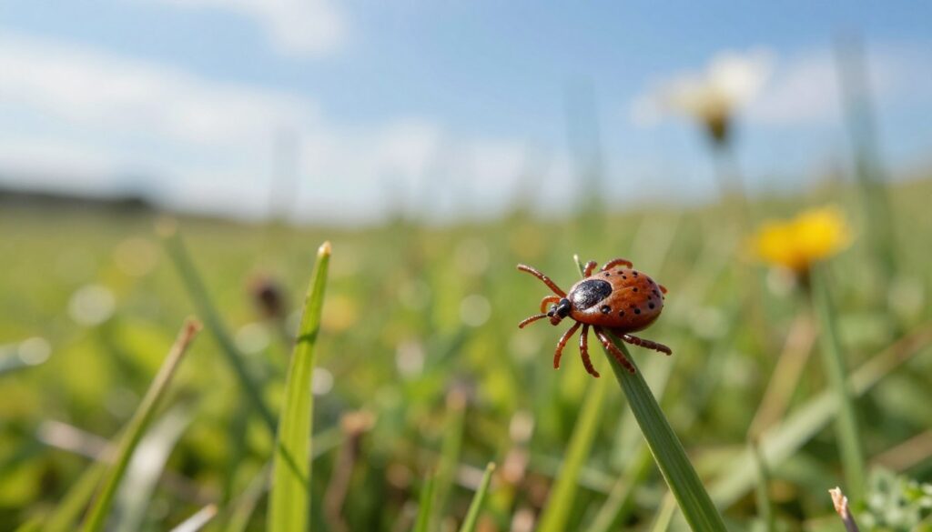 A close-up view of a lone tick in a natural setting, emphasizing its resilience without a host. In the foreground, the tick appears sharply detailed, showcasing its legs and body texture against a blurred grass blade. The middle ground features a softly focused green meadow, revealing an array of wildflowers, enhancing the feeling of vibrant life around the solitary creature. The background fades into a serene blue sky with wispy clouds, suggesting warmth and subtle daylight illuminating the scene. Capture a fresh and lively atmosphere, reflecting the tick's survival instinct. Utilize natural lighting for a realistic depth and clarity, and angle the shot slightly to showcase the tick's perspective in its environment.