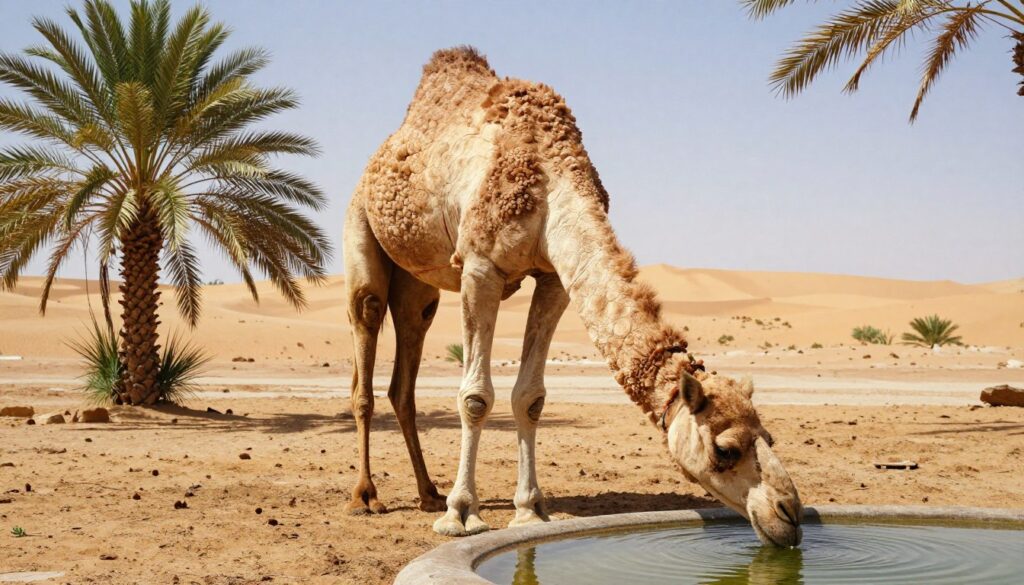A close-up view of a majestic camel standing in a sunlit desert oasis, showcasing its unique physiology that allows it to thrive in arid conditions. In the foreground, capture the camel drinking water from a refreshing pool surrounded by vibrant green palm trees. The middle ground features the dry, sandy terrain, dotted with sparse vegetation and distant dunes under a bright blue sky. Use soft, warm lighting to illustrate the heat of the sun, creating a serene atmosphere. From a low angle, emphasize the camel's strength and adaptability, with its hump and textured skin reflecting its remarkable water conservation abilities, evoking a sense of resilience in a harsh environment.