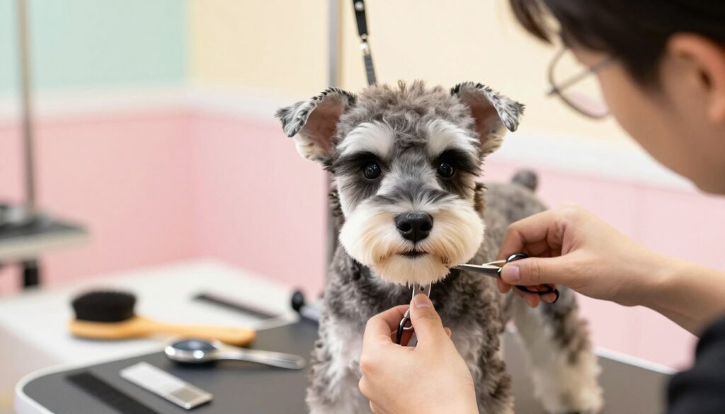 A close-up view of a miniature schnauzer being groomed, showcasing its distinct wiry coat, prominent beard, and lively expressive eyes. The foreground features a professional groomer carefully trimming the dog's fur with scissors, focusing on the beard and ears, in a well-lit grooming salon. The middle ground highlights grooming tools like brushes, combs, and clippers organized neatly on a table. In the background, soft pastel colors create a warm and inviting atmosphere, with blurred décor that enhances the tranquil setting. The lighting is bright yet soft, casting a gentle glow on the schnauzer, emphasizing its friendly demeanor. The overall mood is nurturing and attentive, capturing the essence of pet care.